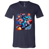 Funny Dinosaur Firecracker 4th Of July Patriotic Dino V-Neck T-Shirt