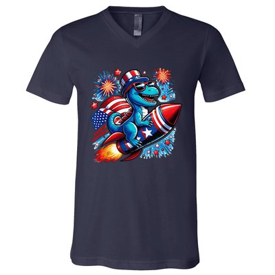 Funny Dinosaur Firecracker 4th Of July Patriotic Dino V-Neck T-Shirt