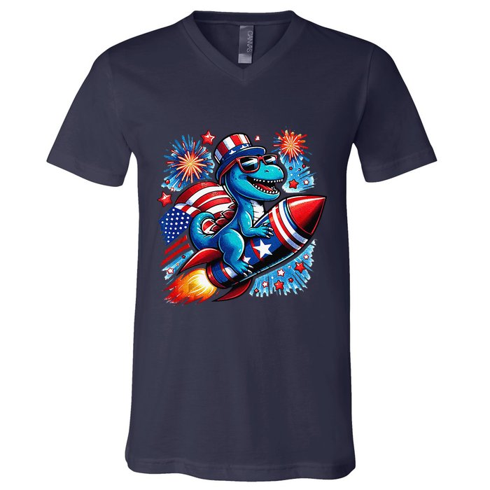 Funny Dinosaur Firecracker 4th Of July Patriotic Dino V-Neck T-Shirt