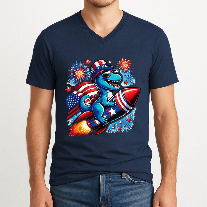 Funny Dinosaur Firecracker 4th Of July Patriotic Dino V-Neck T-Shirt