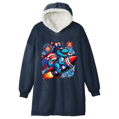 Funny Dinosaur Firecracker 4th Of July Patriotic Dino Hooded Wearable Blanket