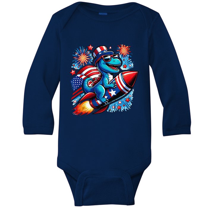 Funny Dinosaur Firecracker 4th Of July Patriotic Dino Baby Long Sleeve Bodysuit