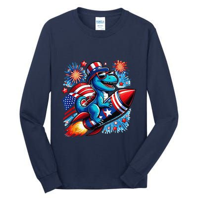 Funny Dinosaur Firecracker 4th Of July Patriotic Dino Tall Long Sleeve T-Shirt