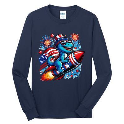 Funny Dinosaur Firecracker 4th Of July Patriotic Dino Tall Long Sleeve T-Shirt