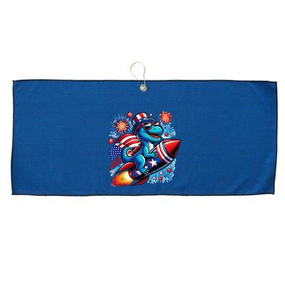 Funny Dinosaur Firecracker 4th Of July Patriotic Dino Large Microfiber Waffle Golf Towel