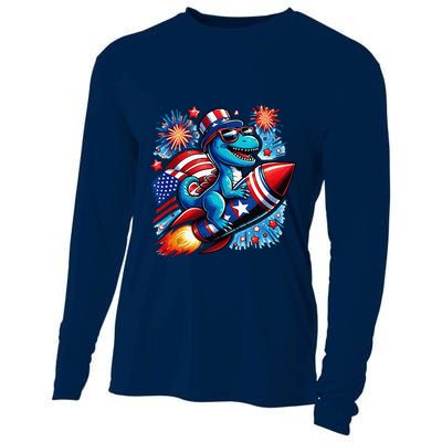 Funny Dinosaur Firecracker 4th Of July Patriotic Dino Cooling Performance Long Sleeve Crew