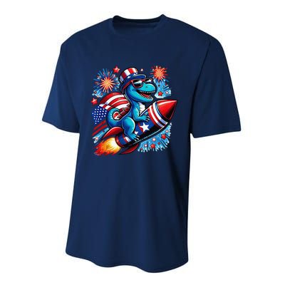 Funny Dinosaur Firecracker 4th Of July Patriotic Dino Performance Sprint T-Shirt