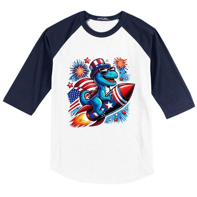 Funny Dinosaur Firecracker 4th Of July Patriotic Dino Baseball Sleeve Shirt