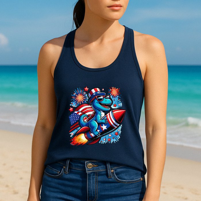 Funny Dinosaur Firecracker 4th Of July Patriotic Dino Womens Tank Top