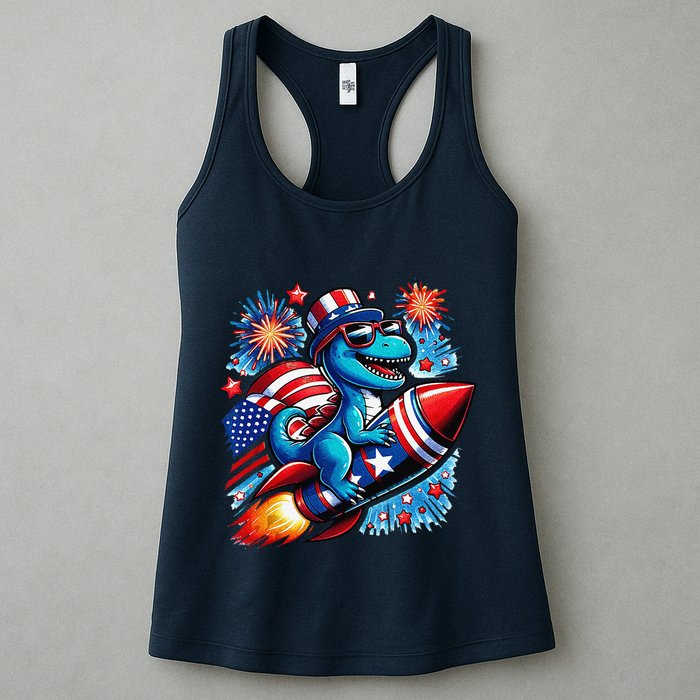 Funny Dinosaur Firecracker 4th Of July Patriotic Dino Womens Tank Top