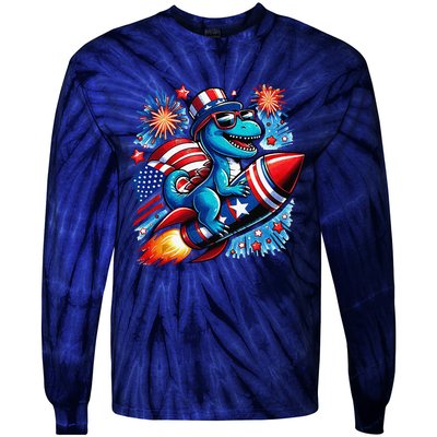 Funny Dinosaur Firecracker 4th Of July Patriotic Dino Tie-Dye Long Sleeve Shirt