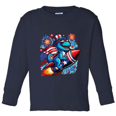 Funny Dinosaur Firecracker 4th Of July Patriotic Dino Toddler Long Sleeve Shirt