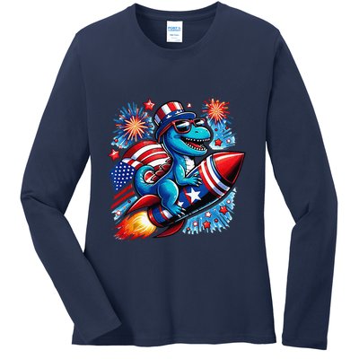 Funny Dinosaur Firecracker 4th Of July Patriotic Dino Ladies Long Sleeve Shirt