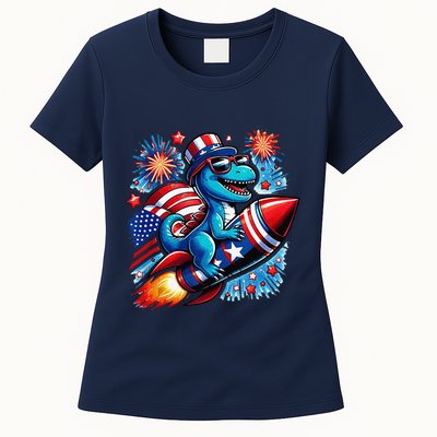 Funny Dinosaur Firecracker 4th Of July Patriotic Dino Womens T-Shirt
