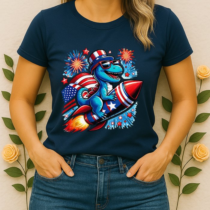Funny Dinosaur Firecracker 4th Of July Patriotic Dino Womens T-Shirt