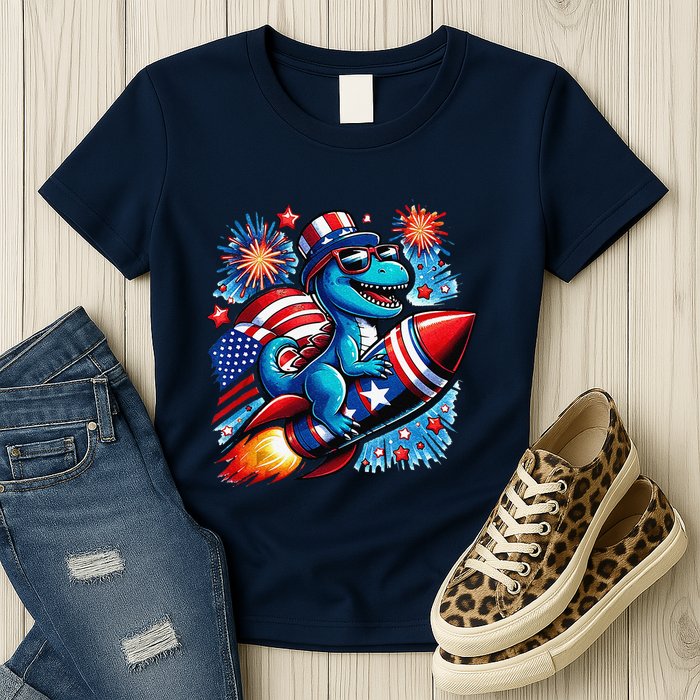 Funny Dinosaur Firecracker 4th Of July Patriotic Dino Womens T-Shirt