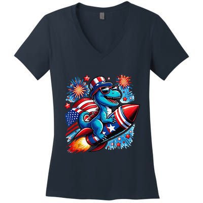 Funny Dinosaur Firecracker 4th Of July Patriotic Dino Women's V-Neck T-Shirt