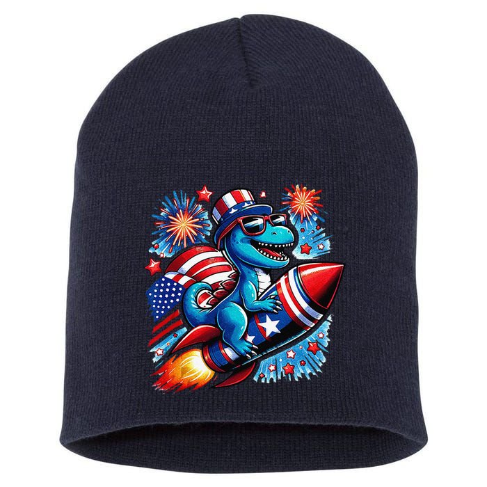 Funny Dinosaur Firecracker 4th Of July Patriotic Dino Short Acrylic Beanie