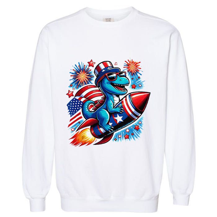 Funny Dinosaur Firecracker 4th Of July Patriotic Dino Garment-Dyed Sweatshirt