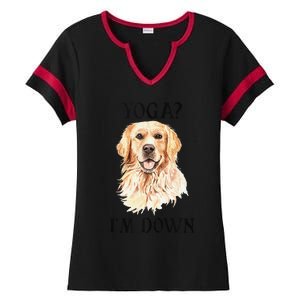 Funny Downward Facing Dog Yoga Gift With A Golden Retriever Ladies Halftime Notch Neck Tee