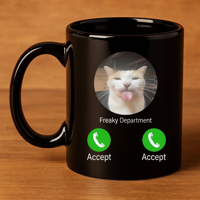 Freaky Department Funny Cat Meme 11oz C Handle Ceramic Mug