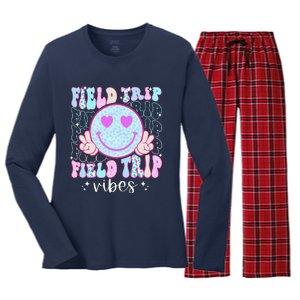 Field Day Field Trip Vibes Fun Day Groovy Teacher Student Women's Long Sleeve Flannel Pajama Set 