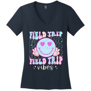 Field Day Field Trip Vibes Fun Day Groovy Teacher Student Women's V-Neck T-Shirt