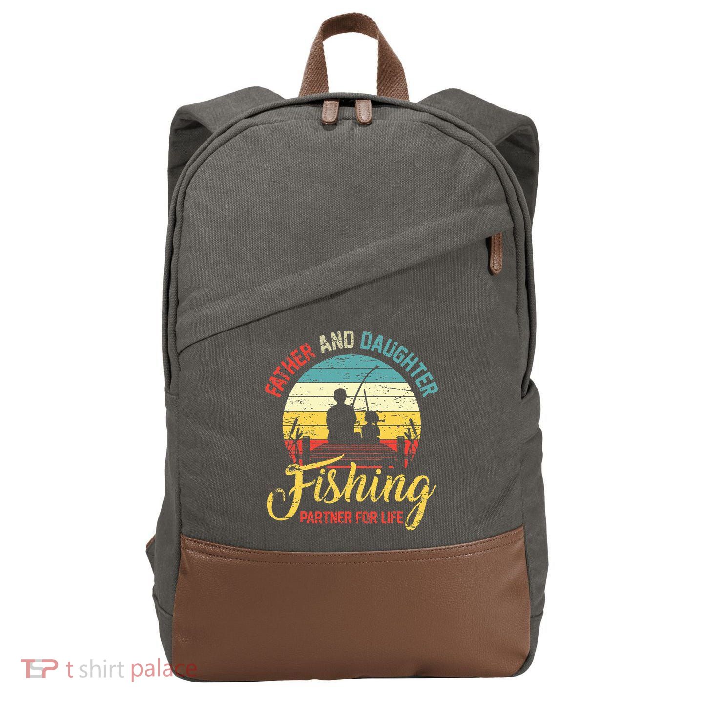 Father Daughter Fishing Partner For Life Retro Matching Dad Cotton Canvas Backpack