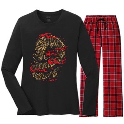 Fire Dragon Fantasy Asian Animal Gift Idea Asian Dragon Women's Long Sleeve Flannel Pajama Set 