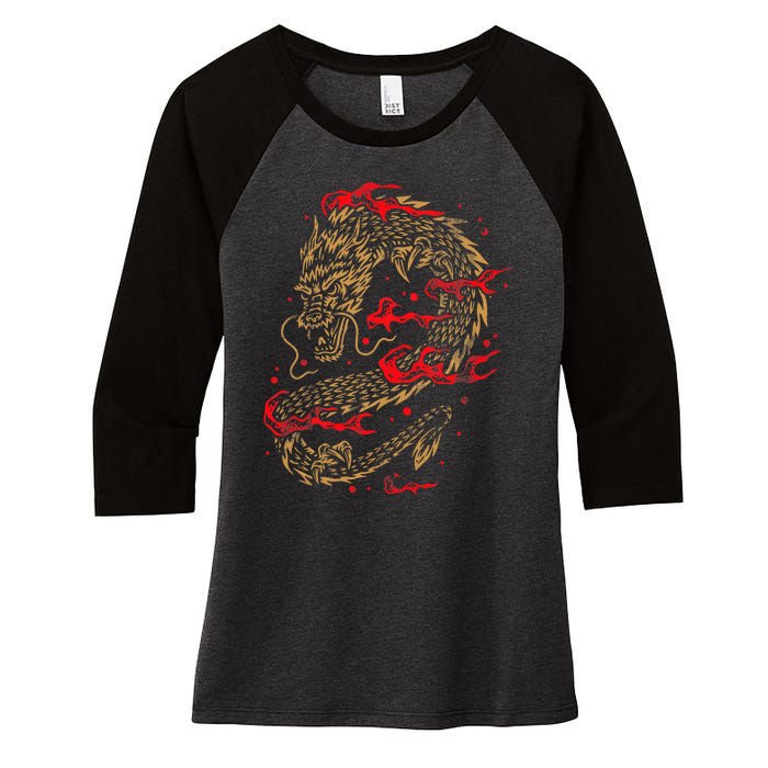 Fire Dragon Fantasy Asian Animal Gift Idea Asian Dragon Women's Tri-Blend 3/4-Sleeve Raglan Shirt