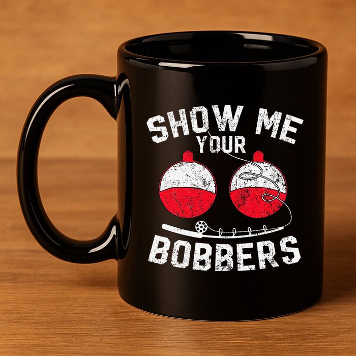 Fathers Day Funny Show Me Your Bobbers Cool Fishing 11oz C Handle Ceramic Mug