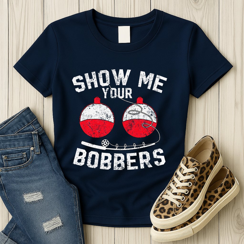 Fathers Day Funny Show Me Your Bobbers Cool Fishing Womens T-Shirt