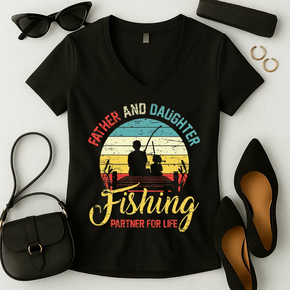 Father Daughter Fishing Partner For Life Retro Matching Dad Women's V-Neck T-Shirt