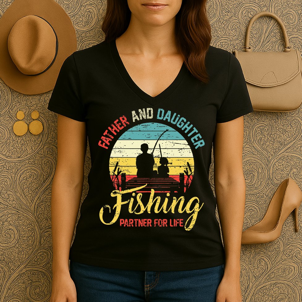 Father Daughter Fishing Partner For Life Retro Matching Dad Women's V-Neck T-Shirt
