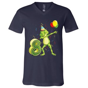 Funny Dab Frog 8th Birthday Eight 8 Years Old Bday V-Neck T-Shirt