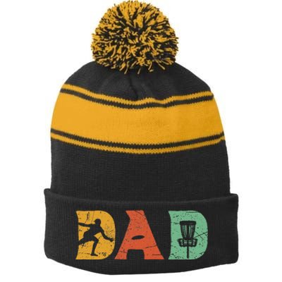 Funny Disc Golf Dad Retro Fathers Day Stripe Pom Pom Beanie