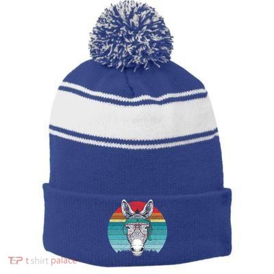 Funny Donkey Gift Vintage Donkey With Glasses Retro Sunset Funny Gift Stripe Pom Pom Beanie