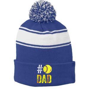 Fathers Day Gift Number One Softball Dad Cute Gift Stripe Pom Pom Beanie