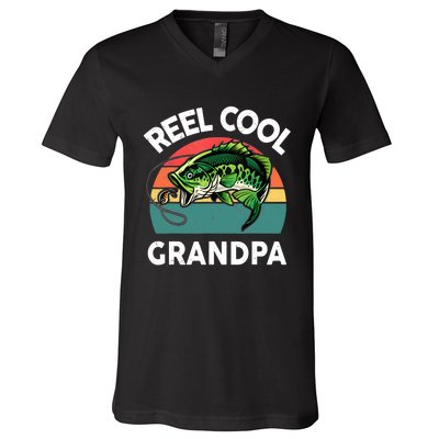 Fathers Day Gift Reel Cool Grandpa Dad Papa Poppop Fishing V-Neck T-Shirt