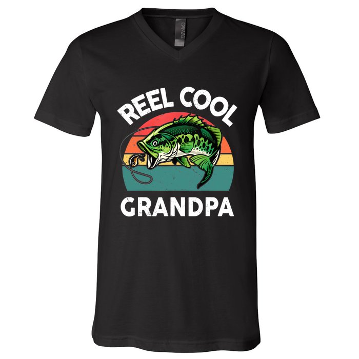 Fathers Day Gift Reel Cool Grandpa Dad Papa Poppop Fishing V-Neck T-Shirt