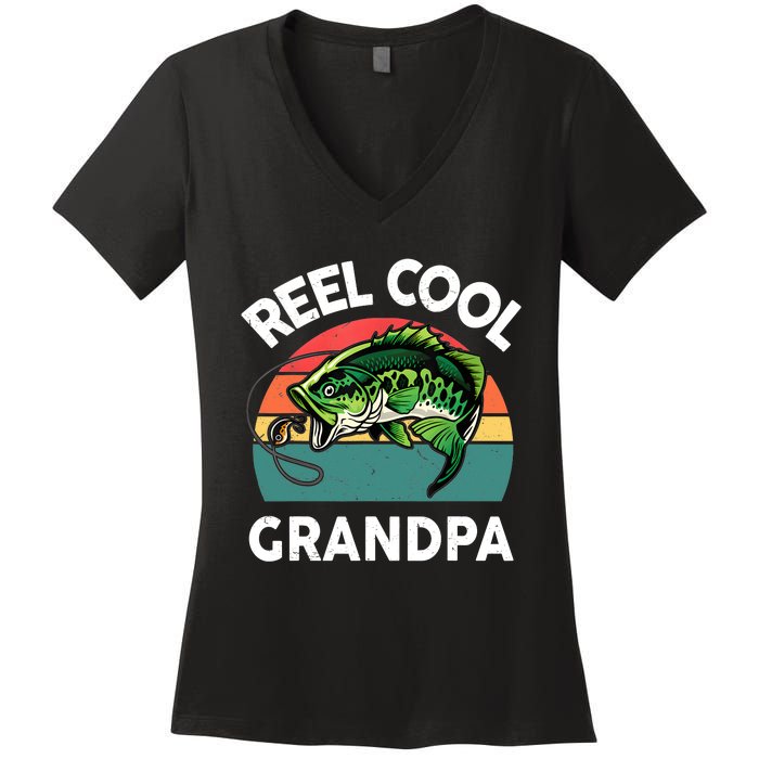 Fathers Day Gift Reel Cool Grandpa Dad Papa Poppop Fishing Women's V-Neck T-Shirt