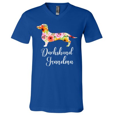 Floral Dachshund Grandma Funny Cute Dog Lover Gift V-Neck T-Shirt