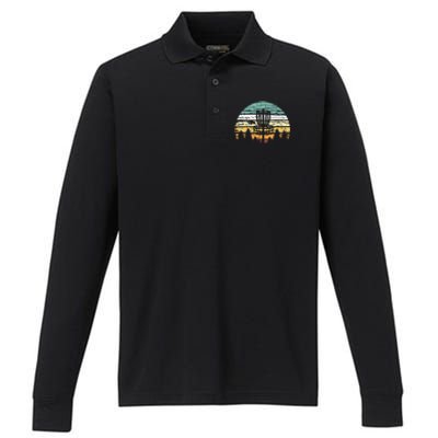 Funny Disc Golf Retro  Sunset Vintage Frisbee Golf Performance Long Sleeve Polo