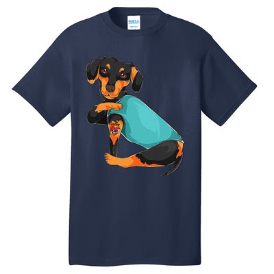 Fathers Day Gift Funny Dog Dad Dachshund I Love Dad Tattoo Tall T-Shirt