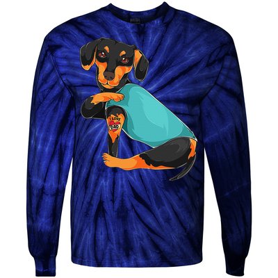 Fathers Day Gift Funny Dog Dad Dachshund I Love Dad Tattoo Tie-Dye Long Sleeve Shirt