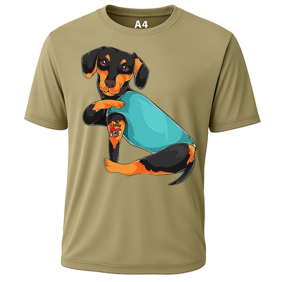 Fathers Day Gift Funny Dog Dad Dachshund I Love Dad Tattoo Cooling Performance Crew T-Shirt