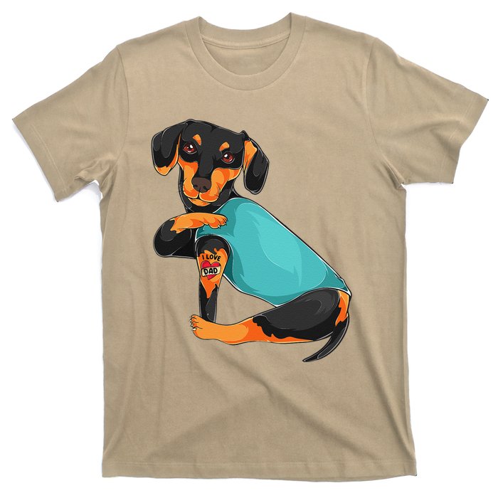 Fathers Day Gift Funny Dog Dad Dachshund I Love Dad Tattoo T-Shirt