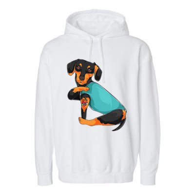 Fathers Day Gift Funny Dog Dad Dachshund I Love Dad Tattoo Garment-Dyed Fleece Hoodie