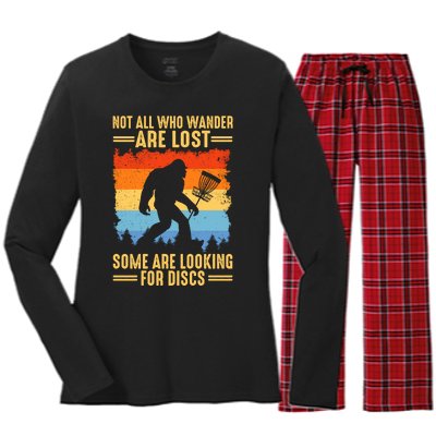 Funny Disc Golf Art For Bigfoot Lovers Not All Who Wander Are Lost Women's Long Sleeve Flannel Pajama Set 