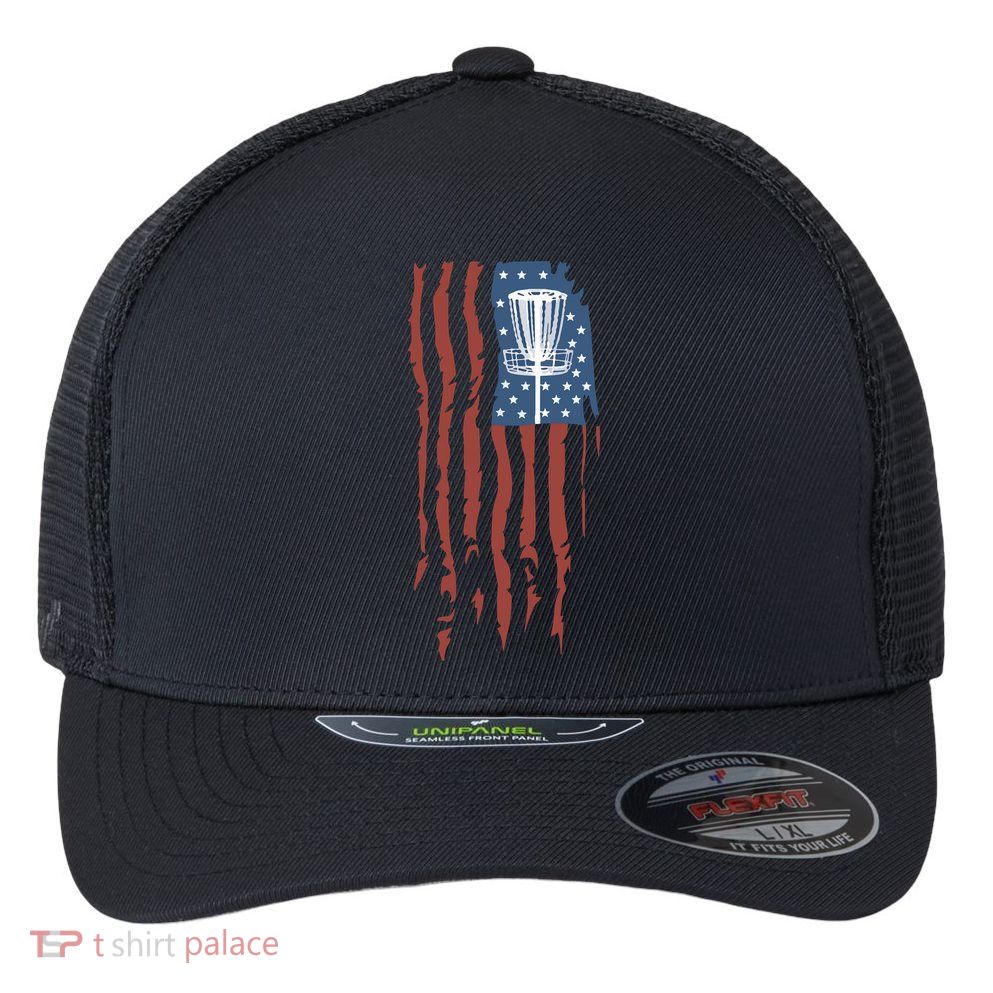 Funny Disc Golf American Flag Disc Frisbee Golf Flexfit Unipanel Trucker Cap